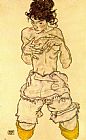 Egon Schiele Canvas Paintings - Woman touching her breast
